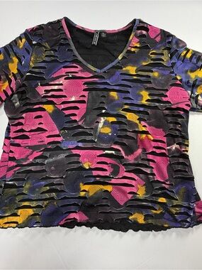 Y2K Mesh Top Pink Black Abstract Print Womens XL Rave Festival Goth Grunge